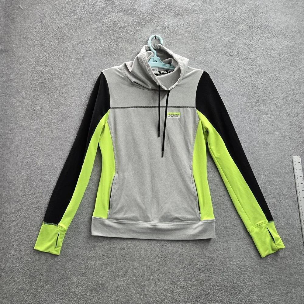 PINK Victoria's Secret Women Hoodie M Gray Logo‎ Embroidery Colorblock Text